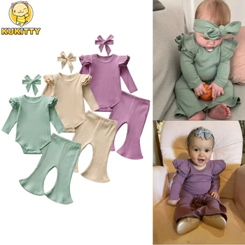 Yeni Doğan Bebek Kız Örme Giyim Kıyafet Seti Rahat Uzun Kollu Romper Üst ve Alevlendi Pantolon Kafa Bandı