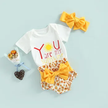 Yaz Sevimli Yenidoğan Bebek Kız pantolon seti Güneş Mektubu Baskı Kısa Kollu Bodysuit + Çiçek Yay Şort + Kafa Bandı 3 ADET Yürümeye Başlayan giysi