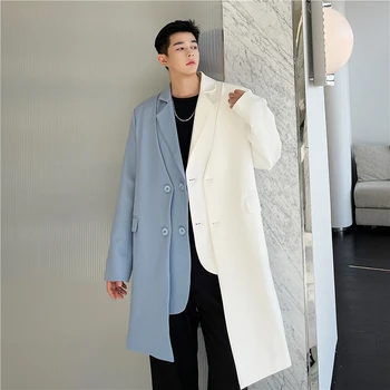 2022 Erkek Sonbahar Kış Yeni Rahat Rüzgarlık Ceketler Erkek Patchwork Gevşek Uzun Palto Erkek Tek Göğüslü Trech Dış Giyim C151