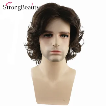 StrongBeauty erkekler peruk kahverengi sentetik doğal saç ısıya dayanıklı kapaksız peruk