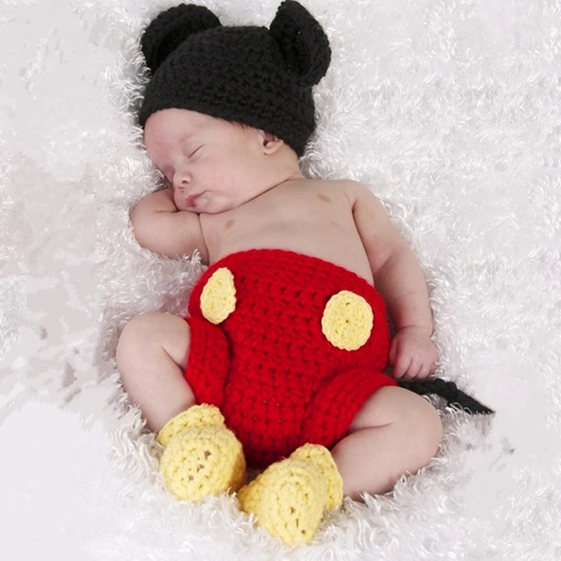 2 Adet / takım Bebek Mickey ikinci parça Takım Elbise Yenidoğan Bebek Kız Erkek Tığ Örgü Kostüm Fotoğraf Prop Kıyafetler